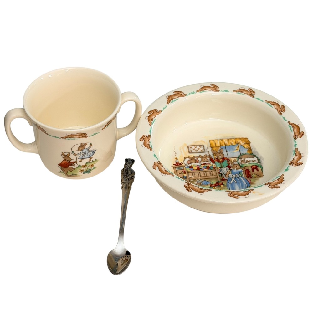 Royal Doulton Bunnykins 3 Piece Nursery Set Bowl Mug Spoon Cream Bone China Baby